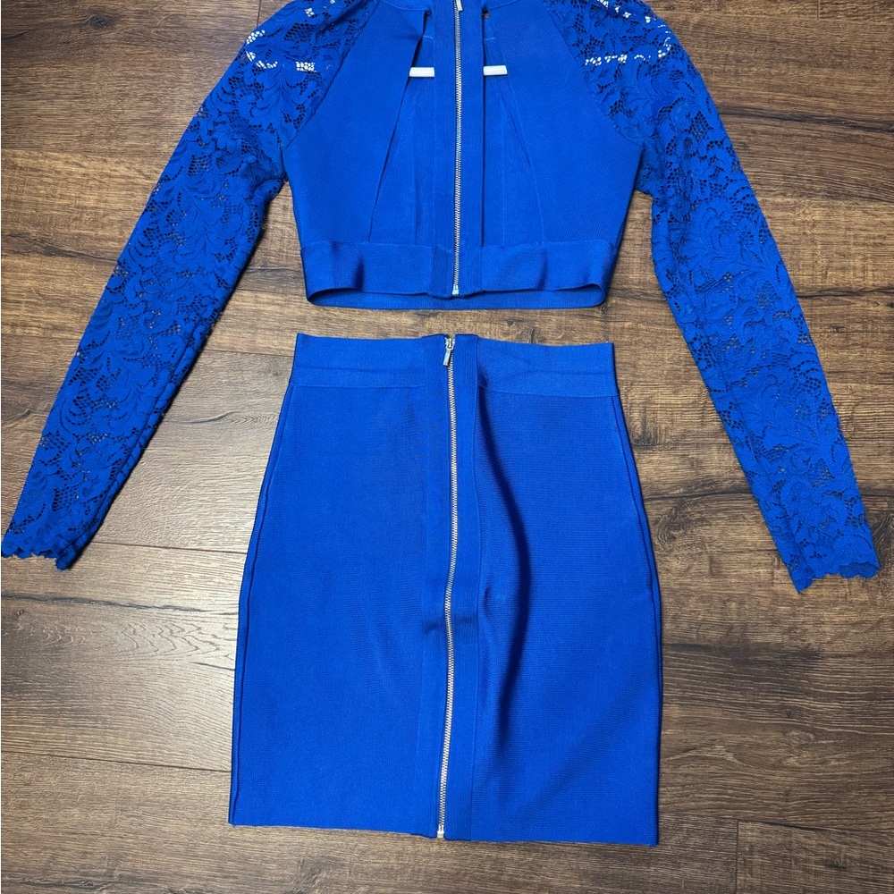 bebe Royal Blue Lace Skirt Set